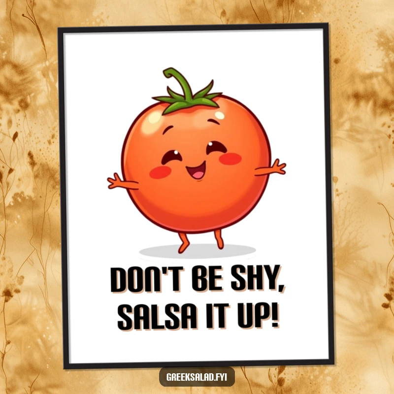 Free Printable Wall Art: A smiling tomato with tiny legs is captured mid-dance, bringing lively and fun energy to wall decor.