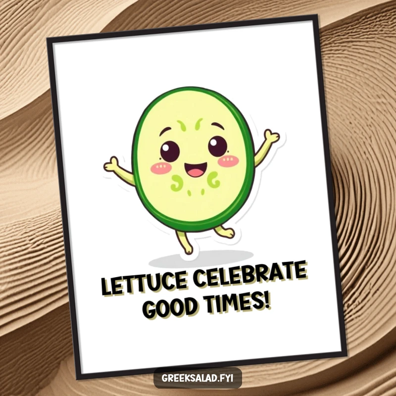 Funny Free Printable Wall Art: A cheerful cucumber slice with a face performing a joyful jump, adding quirky humor to decor.
