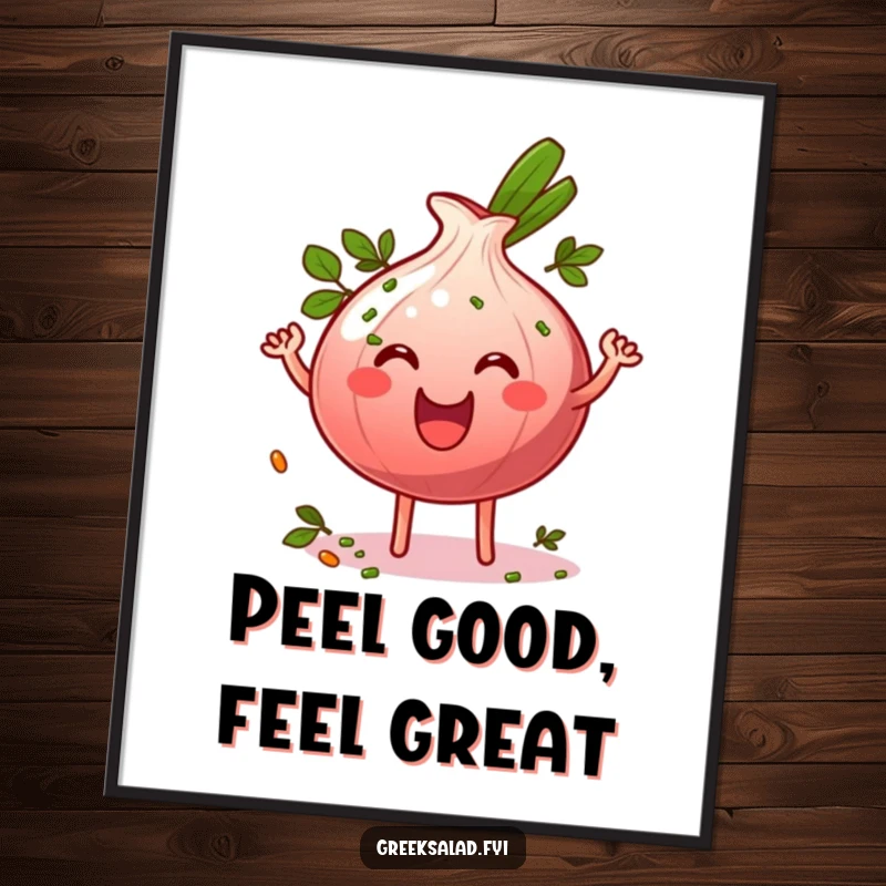 Funny Free Printable Wall Art: Grinning red onion ring character energetically wiggling and sprinkled with herbs, playful decor.