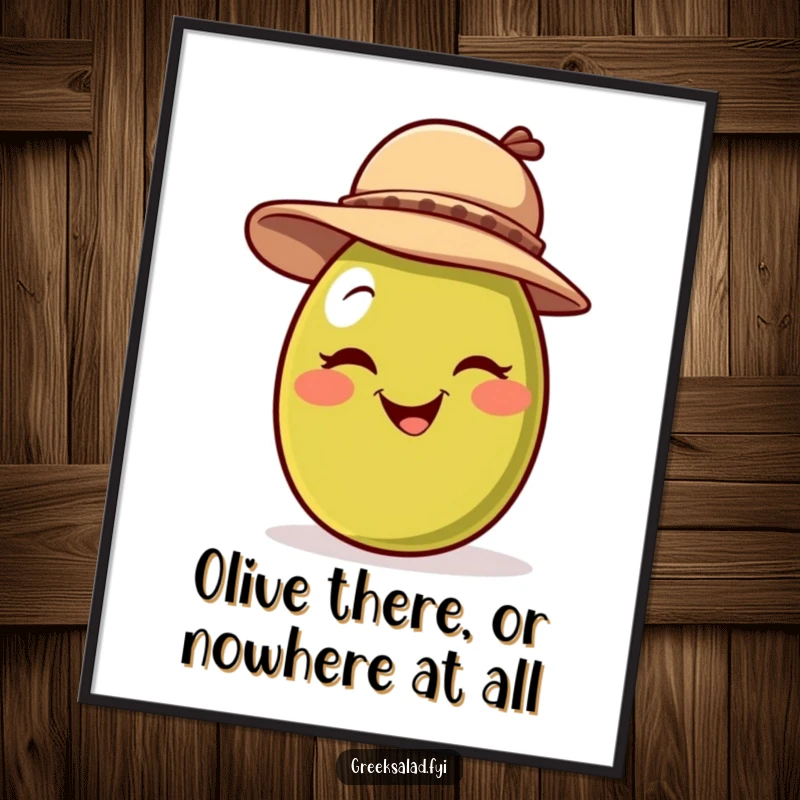 Funny free printable wall art depicting a smiling olive character playfully winking and wearing a jaunty hat.