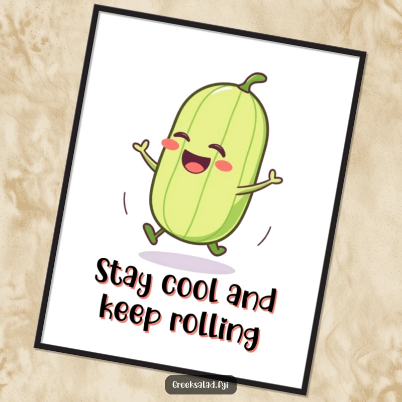 Funny Free Printable Wall Art: A jubilant cucumber character joyfully rolling, adding a touch of quirky humor to decor.