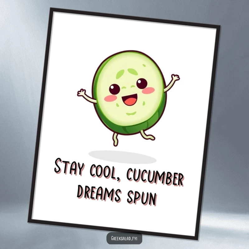 Funny Free Printable Cucumber Wall Art: A cheerful cucumber slice doing a graceful spin, as cool and humorous downloadable art.