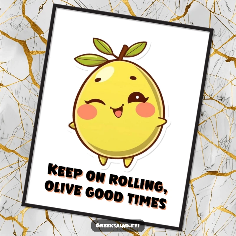 Funny Free Printable Olive Wall Art: A giggling olive with a mischievous wink, rolling with glee, as humorous downloadable art.