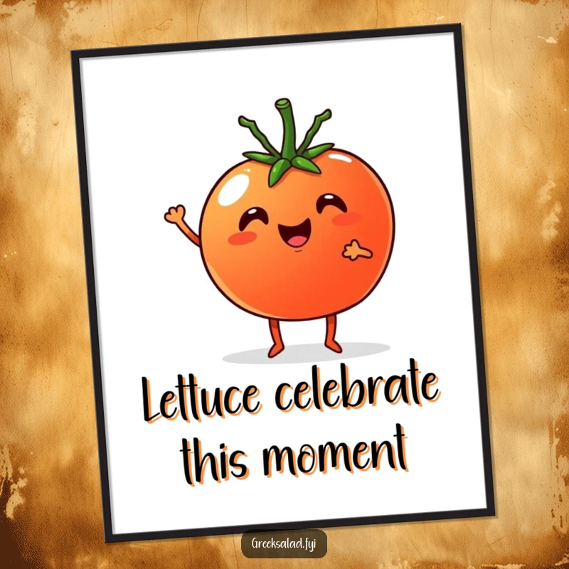 Funny Free Printable Wall Art: A cheerful tomato with tiny legs and a cucumber excitedly cheer together, adding a playful touch to decor.