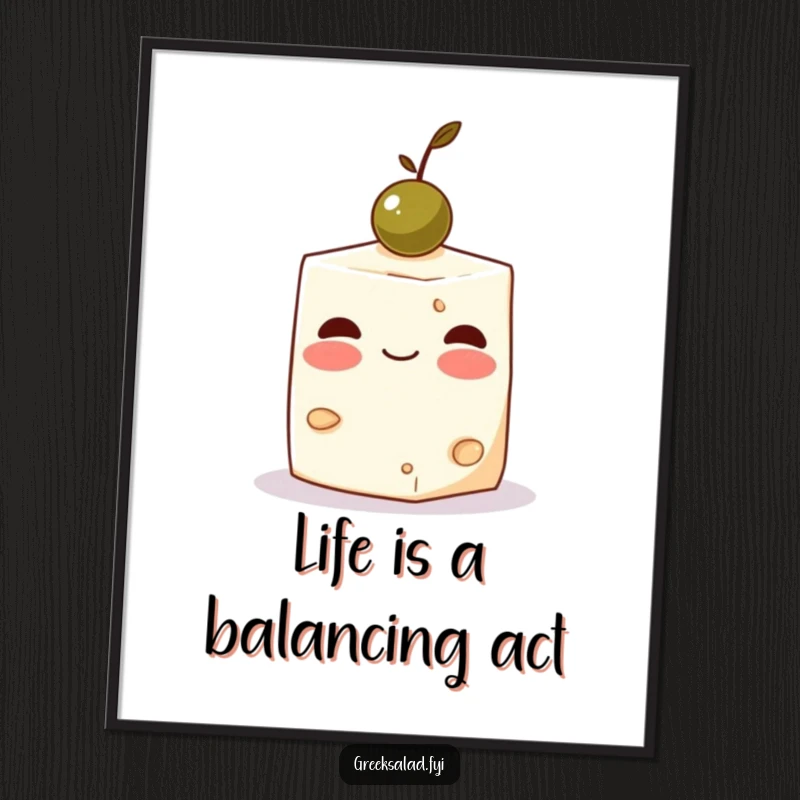 Funny Free Printable Wall Art: Blushing feta cheese cube balancing an olive, creating a cute and quirky scene.