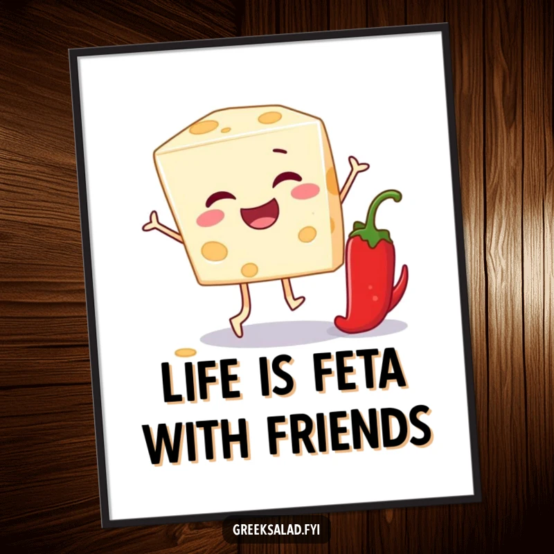 Funny Free Printable Wall Art of a winking feta cheese block playing leapfrog with a pepper, adding whimsy.