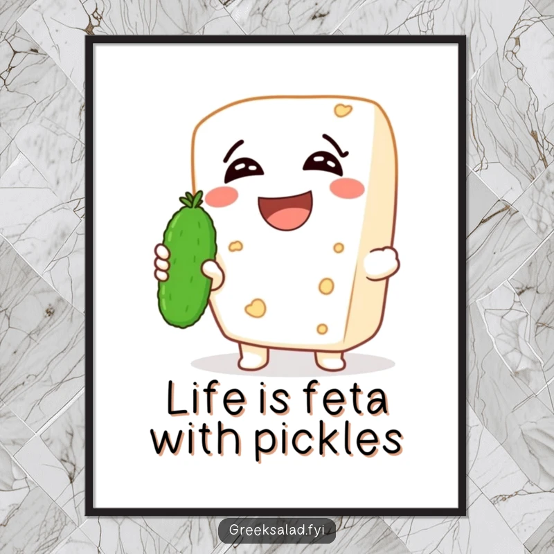 Funny Free Printable Wall Art of a laughing feta cheese character holding a tiny cucumber, adding a playful vibe to any room.