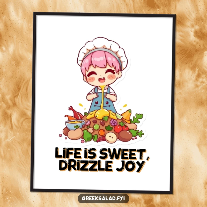 Funny Free Printable wall art captures a character happily drizzling a sweet sauce over a pile of ingredients, celebrating the joy of baking and creating.