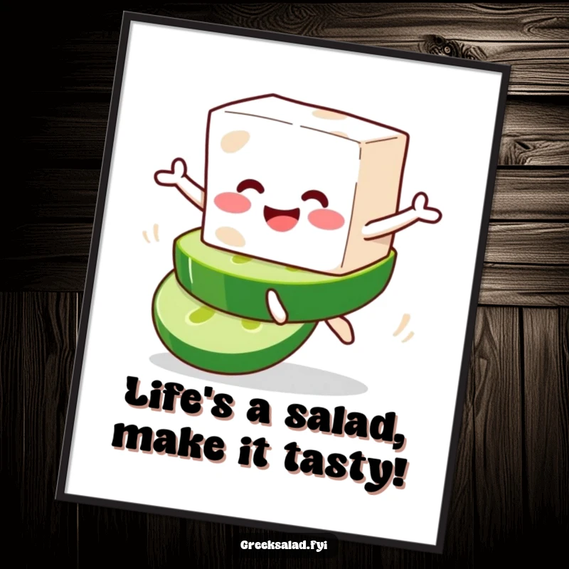 Funny Free Printable Wall Art: A smiling feta cheese block character with a cheerful expression, playfully leaping from a vibrant cucumber slice.