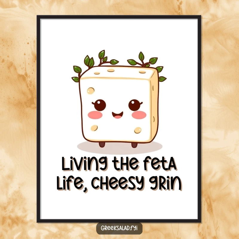 Funny Free Printable Feta Cheese Wall Art: A happy cube wearing a laurel wreath, presented as delightful downloadable decor.