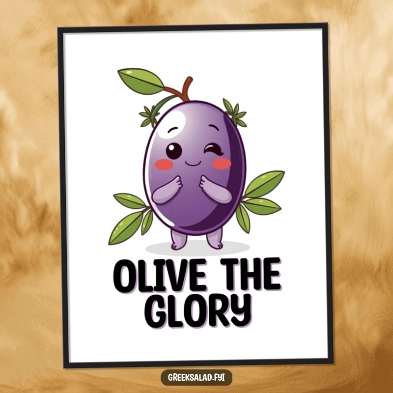 Funny Free Printable Wall Art of a delighted Kalamata olive in a laurel wreath doing a charming bow, adding class.