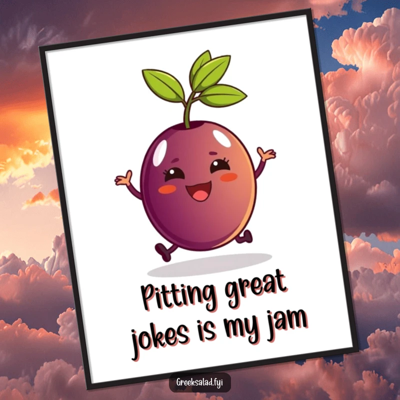 Funny Free Printable Wall Art featuring a delighted Kalamata olive with a stem, captured mid-hop in a joyful pose.
