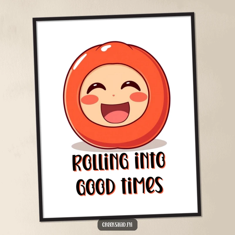 Funny Free Printable Wall Art depicting a vibrant, cheerful tomato rolling uncontrollably with laughter, creating a lively and humorous scene.