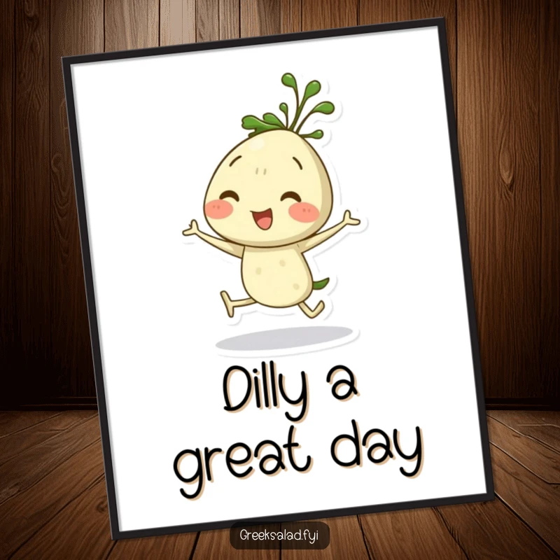 Funny Free Printable Wall Art depicting a vibrant dill sprig character energetically doing a happy hop, bringing cheerful vibes to any room.