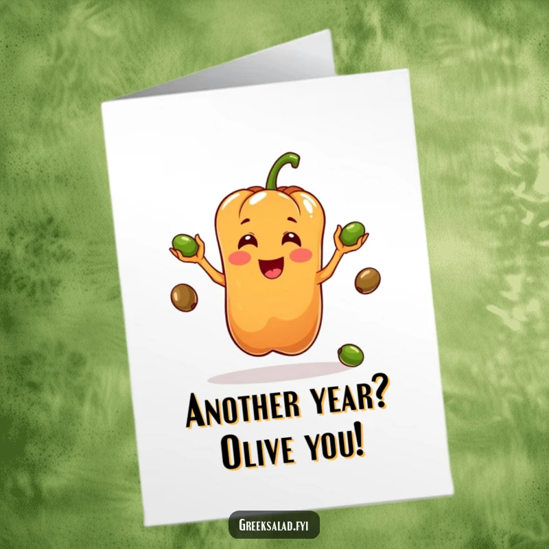 Funny Free Printable Birthday Card: A playful bell pepper character expertly juggling olives, a unique print-at-home celebration.