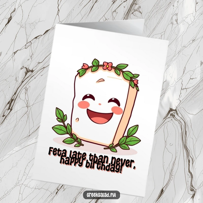 Funny Free Printable Birthday Card: A laughing feta block with a laurel wreath spinning joyfully for a hilarious celebration.