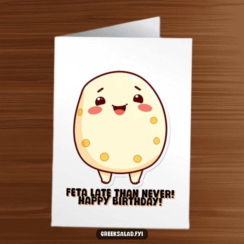 Funny Free Printable Birthday Card: A beaming feta cheese character exuding pride, perfect for DIY.