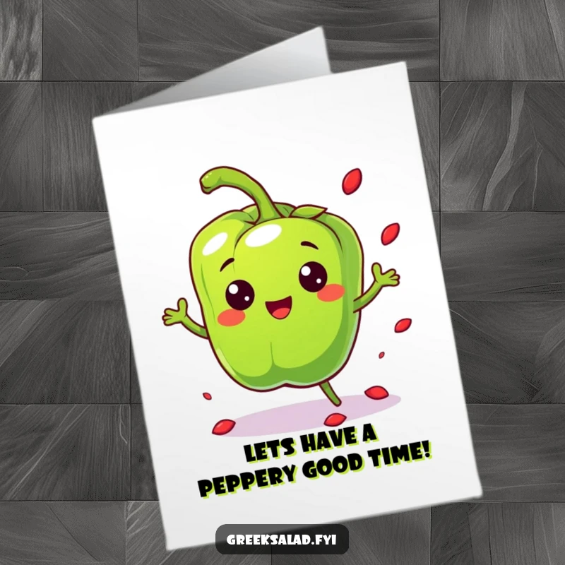 Funny Free Printable Birthday Card: Cheerful bell pepper character bouncing with scattering seeds, vibrant celebration art.