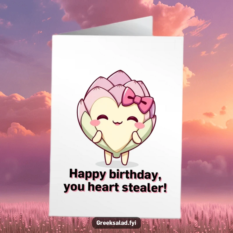 Funny free printable birthday card: An amused artichoke heart character gracefully performing a happy bow, celebrating a special day.