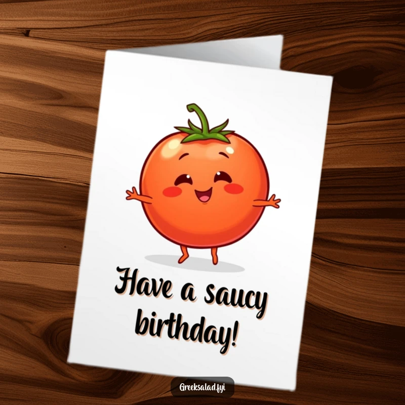 Free Printable Birthday Card: A smiling tomato with tiny legs busts a move in a lively, fun dance for a birthday.