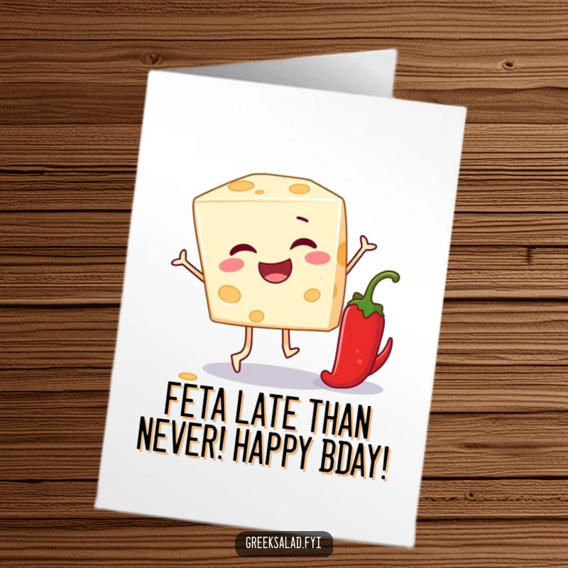Funny Free Printable Birthday Card: a winking feta cheese block plays leapfrog with a pepper, full of birthday fun.