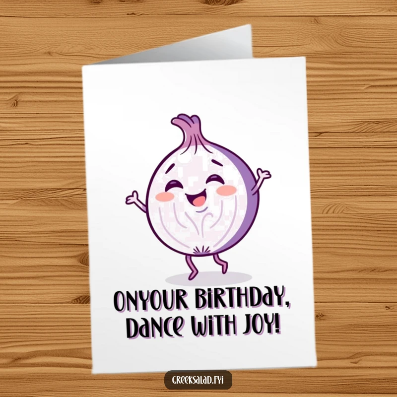 Funny Free Printable Birthday Card featuring a giggling purple onion slice joyfully doing a playful dance.