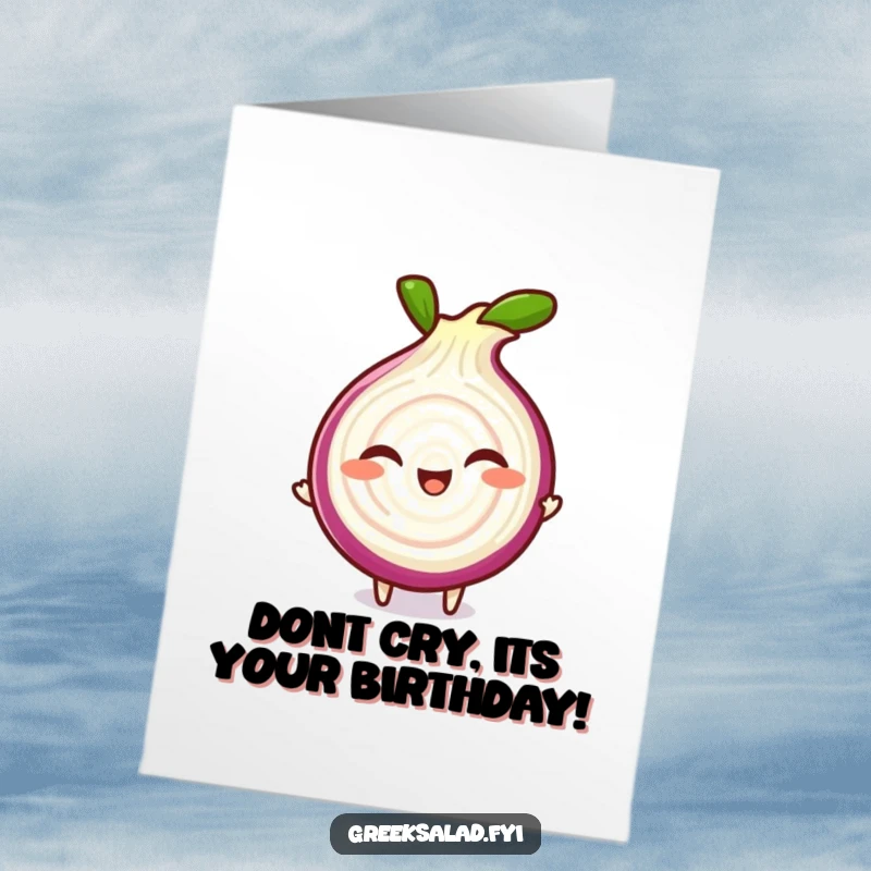 Funny Free Printable Birthday Card: A giggling red onion slice character doing a playful spin, DIY fun.