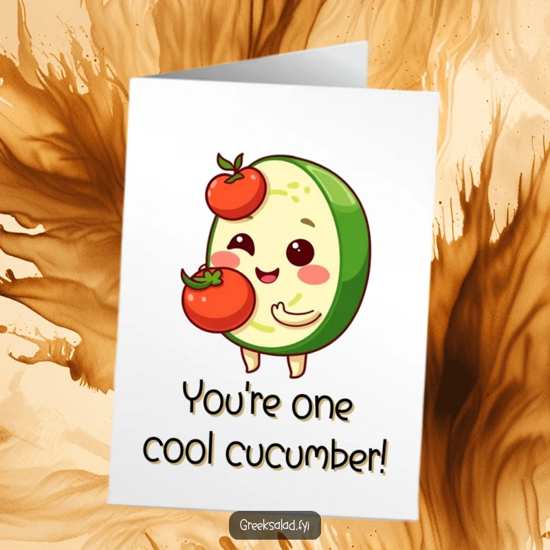 Funny Free Printable Birthday Card: Shy cucumber slice with a cherry tomato, perfect for a cute and quirky DIY gift.