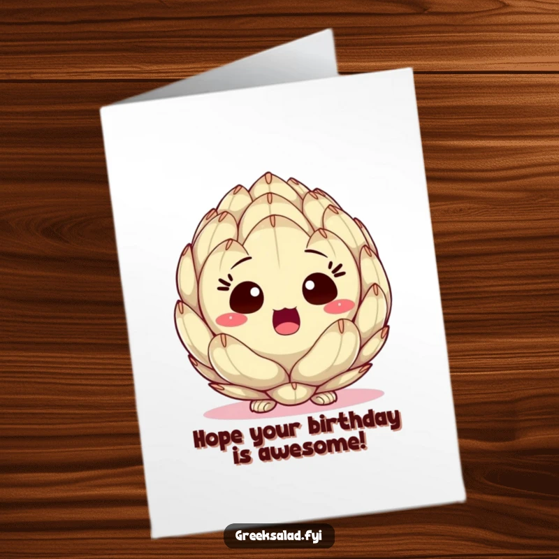 Funny Free Printable birthday card: An artichoke heart with big, surprised eyes peeking out. A unique and humorous card for any birthday.