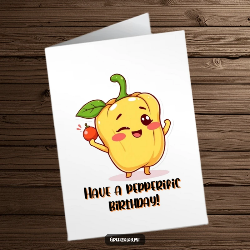 Funny Free Printable Birthday Card: Bell pepper winking and tossing a caper, a playful and humorous birthday greeting.