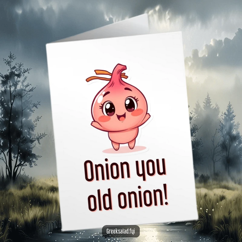 Funny Free Printable Birthday Card: Wide-eyed red onion character joyfully spinning with a playful expression, perfect for a laugh.