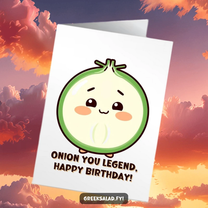 Funny Free Printable Happy Birthday card featuring a cheerful onion slice shyly bowing with a heartwarming, humorous expression.