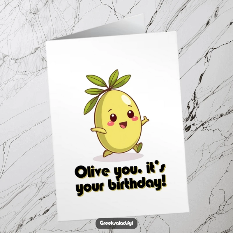 Funny Free Printable Birthday Card: A playful Greek olive character happily rolling around, spreading cheer and good vibes.