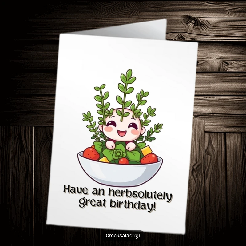 Funny Free Printable Birthday Card: A happy oregano sprig playfully winks from its perch atop a salad, adding spice.