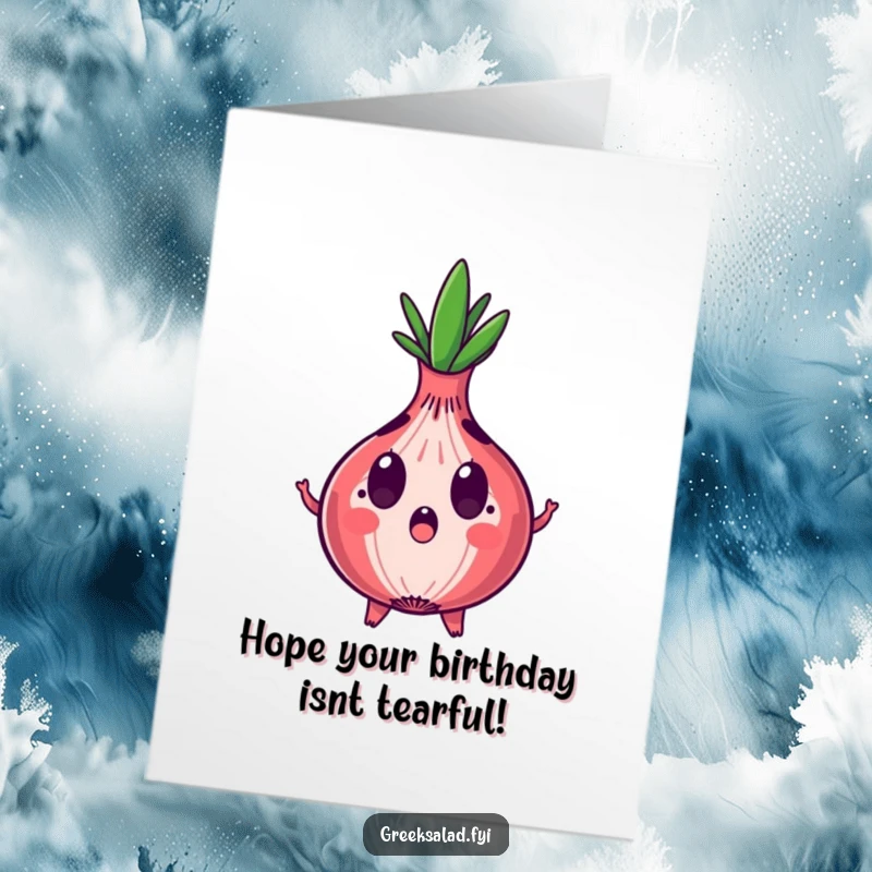 Funny Free Printable Birthday Card: Red onion with surprised expression and expanding rings, a humorous birthday surprise.