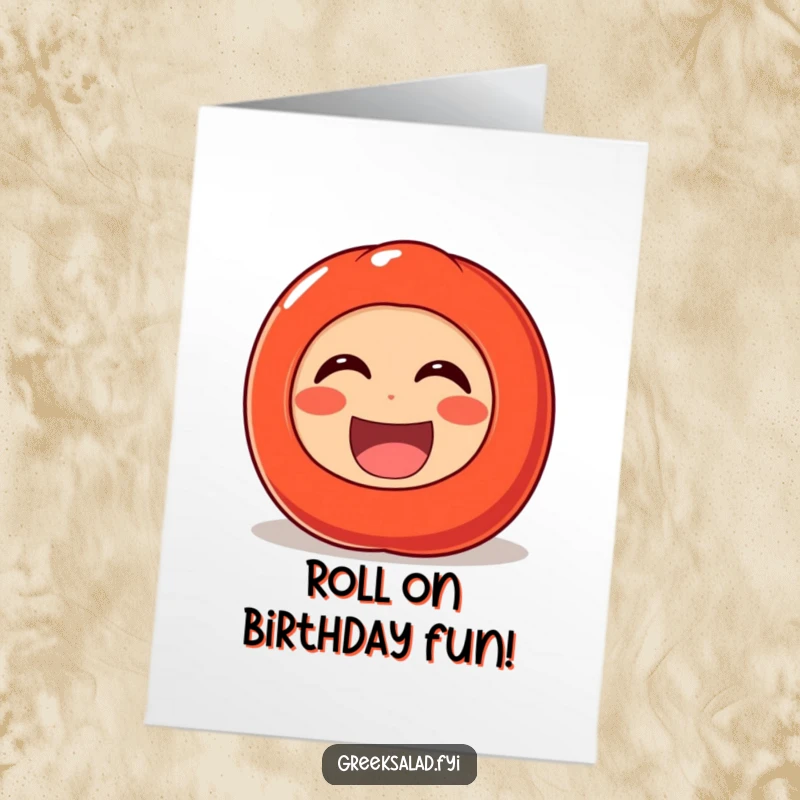Funny Free Printable Birthday Card showing a cheerful tomato rolling with uncontrollable laughter, spreading pure joy and amusement.
