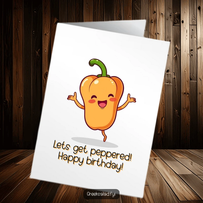 Funny free printable birthday card featuring a happy bell pepper character joyfully doing a little dance with a flourish.