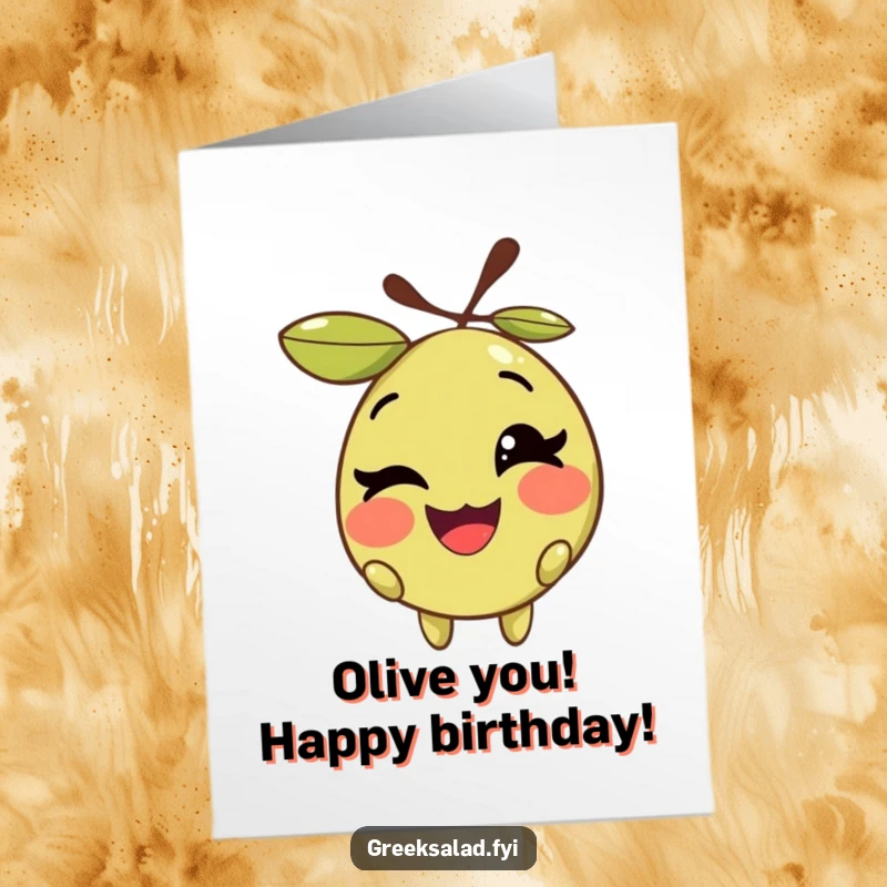 Funny Free Printable Birthday Card: A smiling olive with its pit winks playfully, sharing a cheerful birthday greeting.