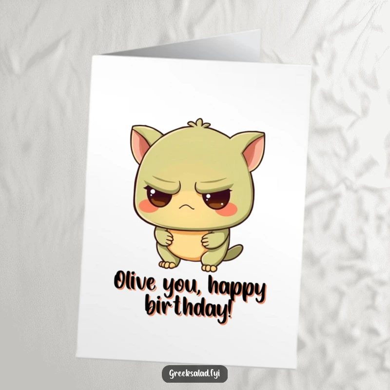 Funny Free Printable Birthday Card featuring a grumpy olive with a surprisingly intrigued expression, hinting at mild curiosity and humor.