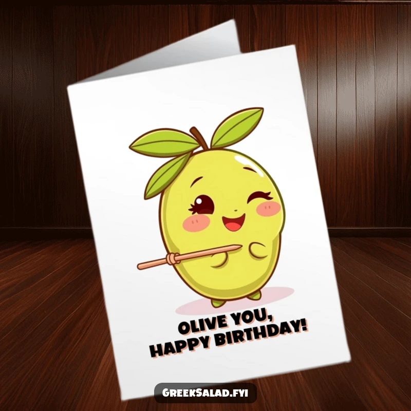 Funny Free Printable olive birthday card, a happy olive winking and balancing a toothpick, a cool and quirky celebration card.