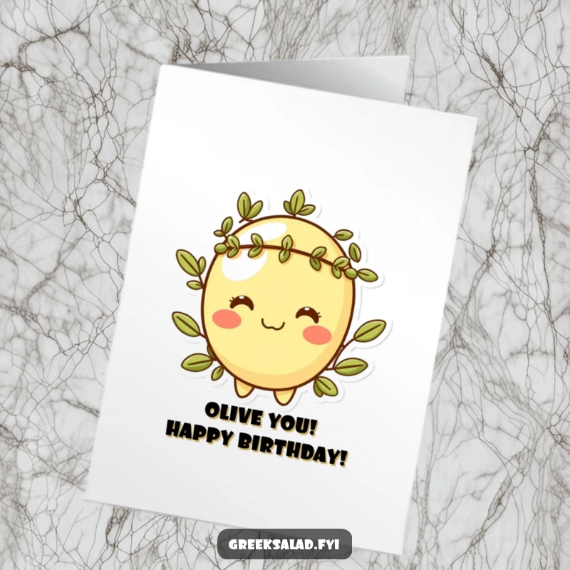 Funny Free Printable Birthday Card: Cheeky olive wearing a laurel wreath, celebrating a birthday with a grin.