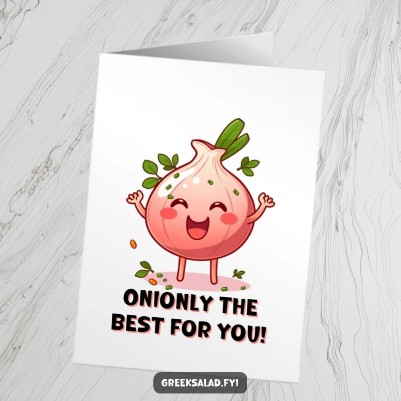 Funny Free Printable Birthday Card: Wiggling red onion ring character sprinkled with herbs, energetic celebration art.