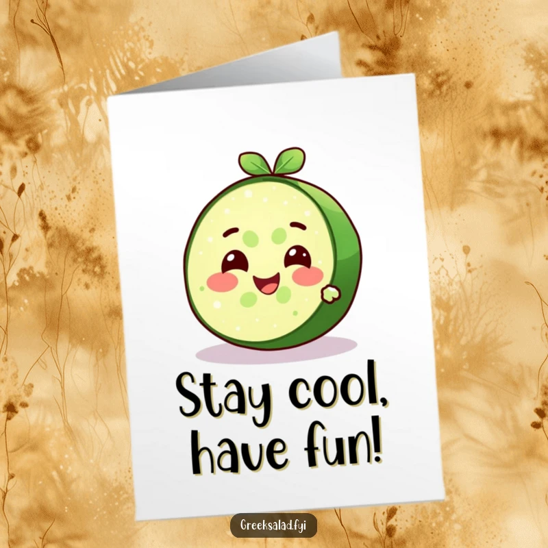 Funny Free Printable Birthday Card: Delighted cucumber slice character with a cool expression and refreshing smile, birthday art.