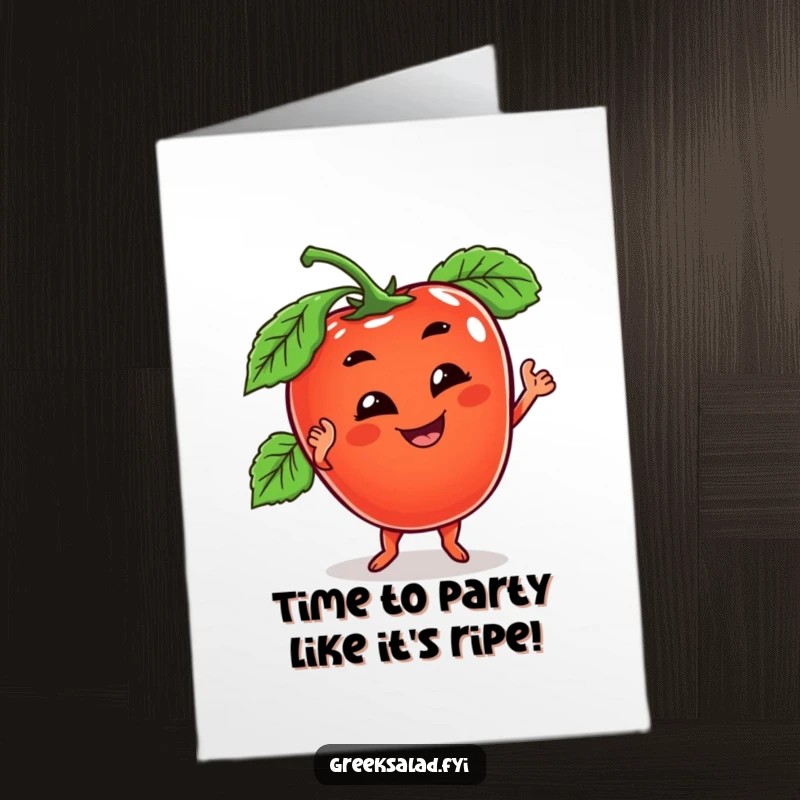 Funny Free Printable Birthday Card: Tomato Doing a Wobbly Dance with a Goofy Grin