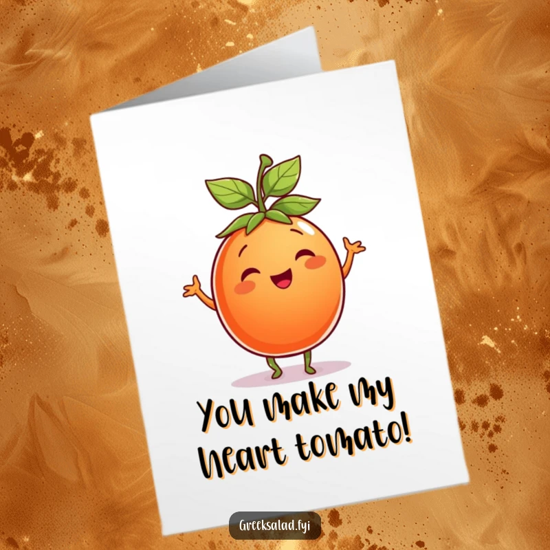 Funny Free Printable Tomato Birthday Card: Smiling tomato dancing playfully with a leaf hat, a cheerful downloadable greeting.