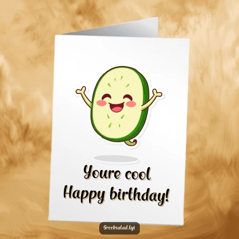 Funny free printable birthday card featuring an energetic, smiling cucumber slice doing a joyful jump with excitement.