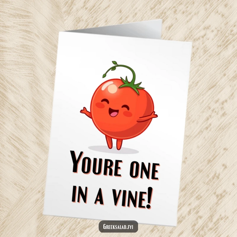 Funny Free Printable Birthday Card: A happy tomato with a stem performing a gentle pirouette, celebrating with grace and humor.