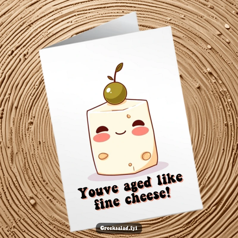 Funny Free Printable Birthday Card: Blushing feta cheese cube balancing an olive, exuding adorable charm.