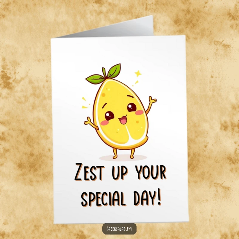 Funny Free Printable Birthday Card featuring a lively lemon wedge character playfully wiggling its zest, brimming with energetic birthday wishes.