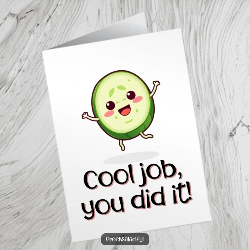 Funny Free Printable Cucumber Congratulations Card: Cheerful cucumber slice spinning gracefully, celebrating success with cool vibes.